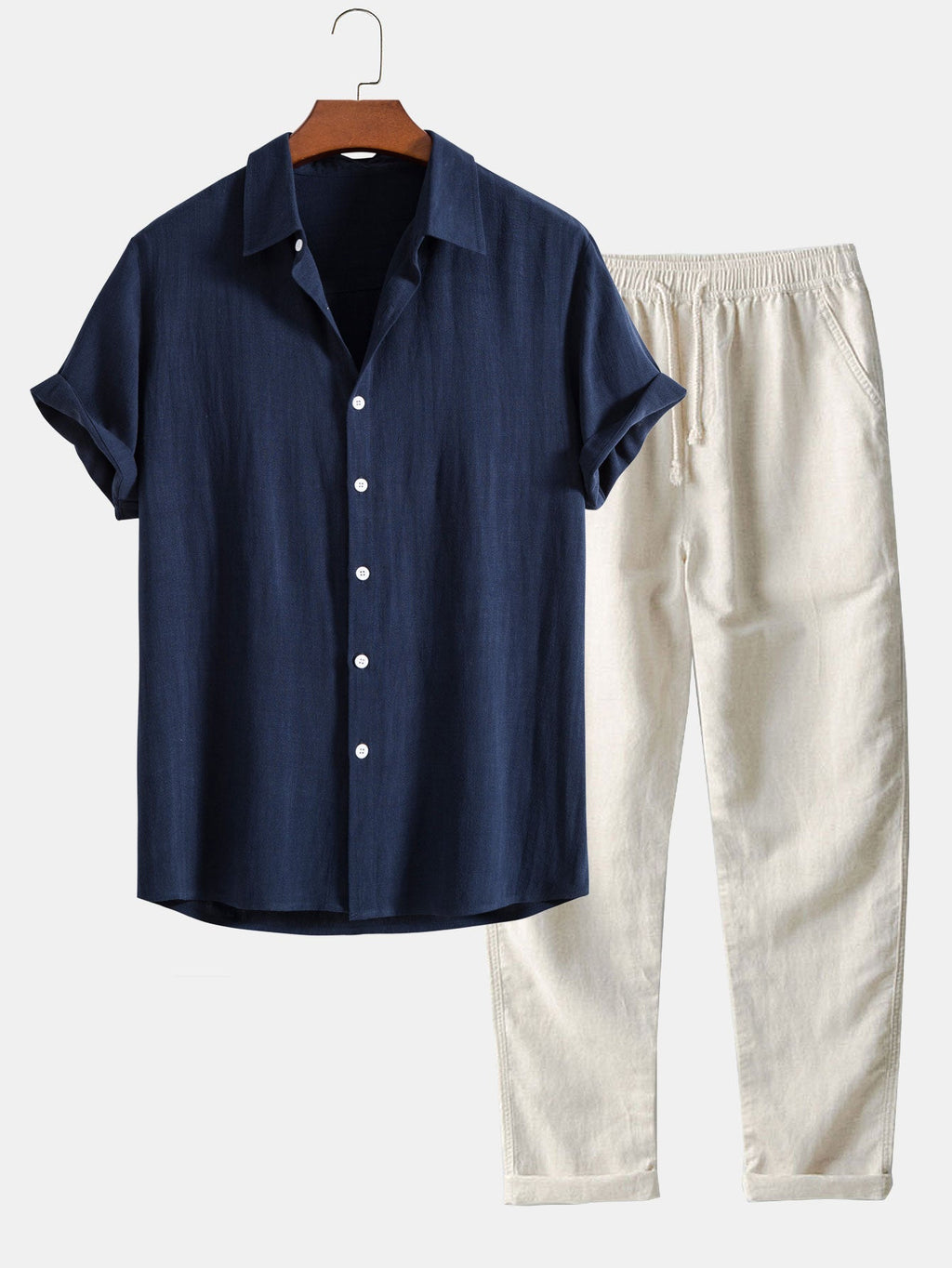 Conjunto de estilo lino para hombre para el verano - Conjunto a juego de camisa y pantalones cortos para vacaciones y ocasiones informales