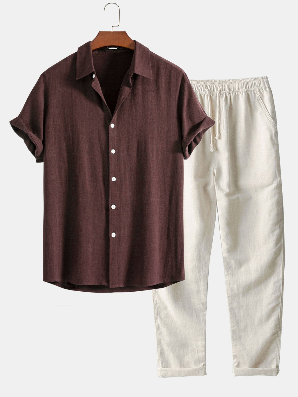Conjunto de estilo lino para hombre para el verano - Conjunto a juego de camisa y pantalones cortos para vacaciones y ocasiones informales