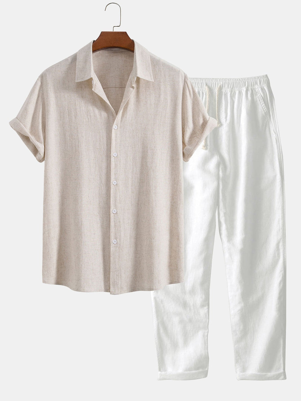 Conjunto de estilo lino para hombre para el verano - Conjunto a juego de camisa y pantalones cortos para vacaciones y ocasiones informales
