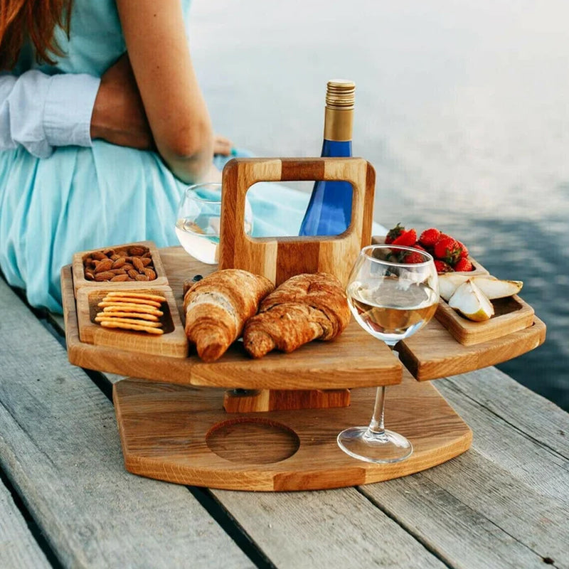 Table à vin de pique-nique portable en bois - Table de service pliante pour l’extérieur avec supports pour verres et bouteilles | Accessoire de pique-nique compact pour la plage, le parc et le jardin