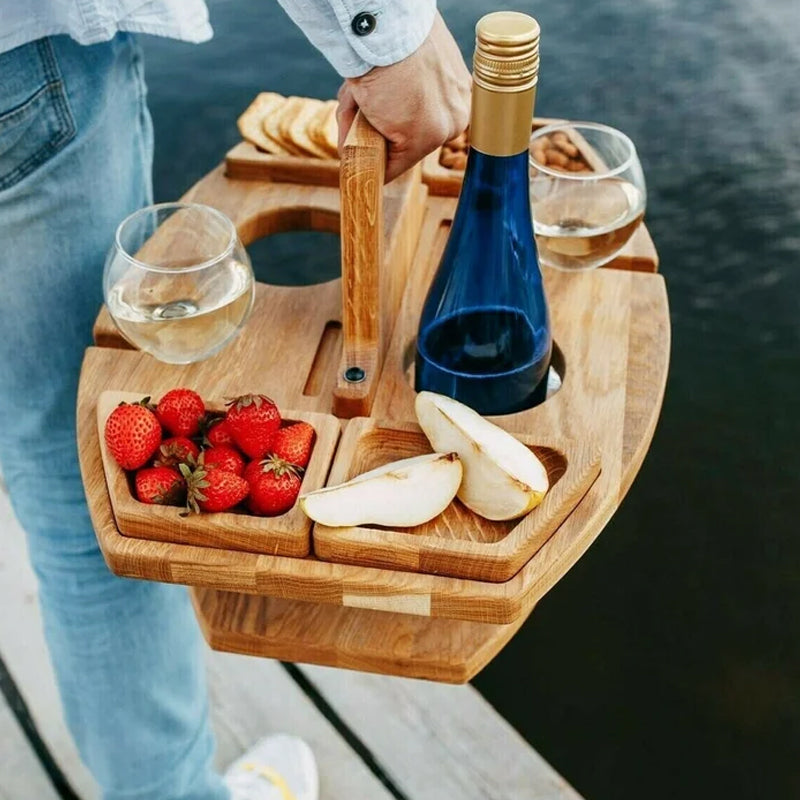 Table à vin de pique-nique portable en bois - Table de service pliante pour l’extérieur avec supports pour verres et bouteilles | Accessoire de pique-nique compact pour la plage, le parc et le jardin