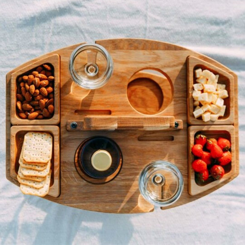 Table à vin de pique-nique portable en bois - Table de service pliante pour l’extérieur avec supports pour verres et bouteilles | Accessoire de pique-nique compact pour la plage, le parc et le jardin
