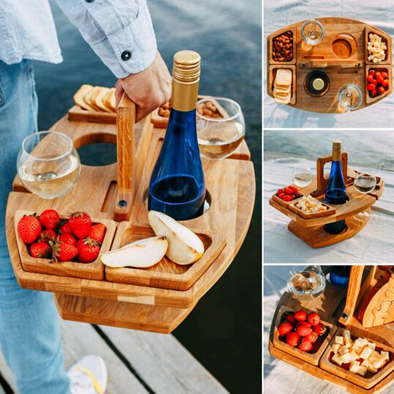 Table à vin de pique-nique portable en bois - Table de service pliante pour l’extérieur avec supports pour verres et bouteilles | Accessoire de pique-nique compact pour la plage, le parc et le jardin