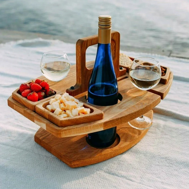 Table à vin de pique-nique portable en bois - Table de service pliante pour l’extérieur avec supports pour verres et bouteilles | Accessoire de pique-nique compact pour la plage, le parc et le jardin