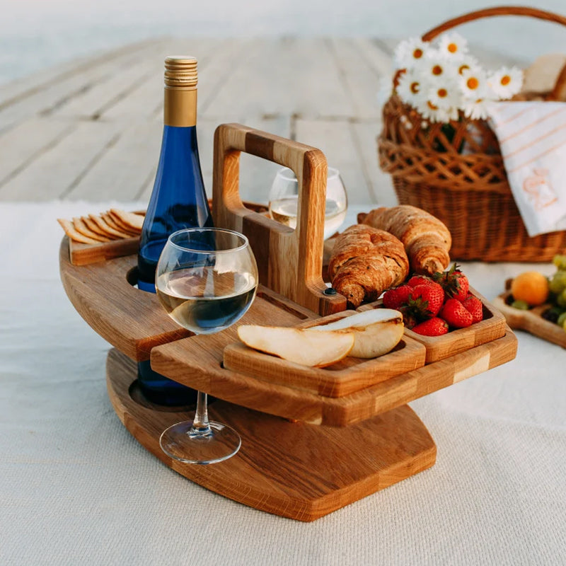 Table à vin de pique-nique portable en bois - Table de service pliante pour l’extérieur avec supports pour verres et bouteilles | Accessoire de pique-nique compact pour la plage, le parc et le jardin