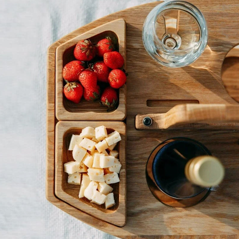 Table à vin de pique-nique portable en bois - Table de service pliante pour l’extérieur avec supports pour verres et bouteilles | Accessoire de pique-nique compact pour la plage, le parc et le jardin