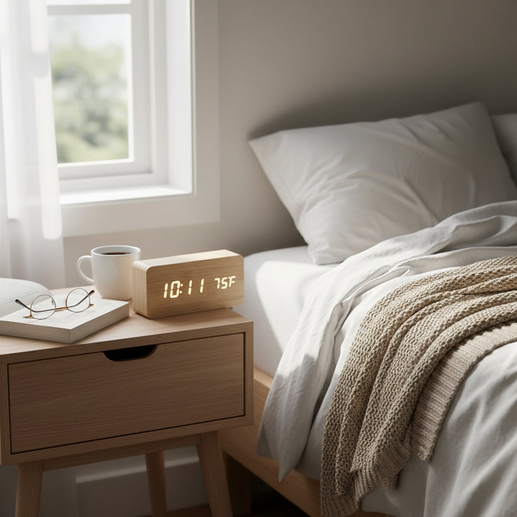 Reloj despertador LED con control por voz – Pantalla moderna para un interior limpio y minimalista