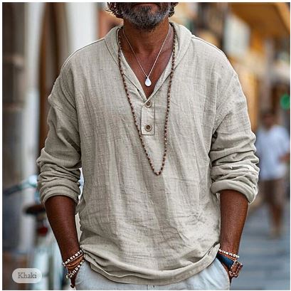 Camisa informal de estilo lino para hombre con abertura y sin botones - Camisa ligera de verano para vacaciones, viajes y uso diario