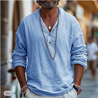 Camisa informal de estilo lino para hombre con abertura y sin botones - Camisa ligera de verano para vacaciones, viajes y uso diario