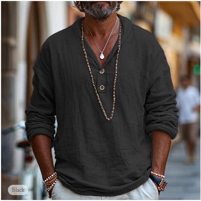 Camisa informal de estilo lino para hombre con abertura y sin botones - Camisa ligera de verano para vacaciones, viajes y uso diario