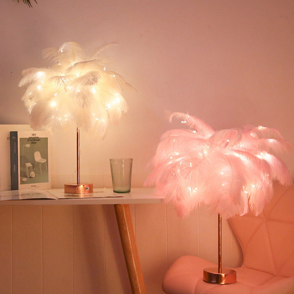 Weiches, von Federn inspiriertes Nachtlicht für Schlafzimmer und Wohnzimmer – Elegante dekorative Ambientelampe mit stilvollem Standfuß
