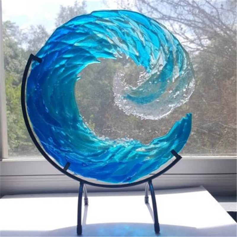 Sculpture en verre représentant une vague océanique pour la décoration intérieure – Accent artistique d'inspiration côtière pour le salon, le bureau et les intérieurs modernes