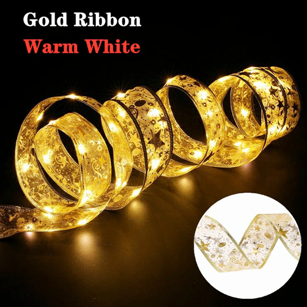 Battery-Operated Christmas Ribbon Bows with LED Fairy Lights and Wired Edges for Tree - Image 8
