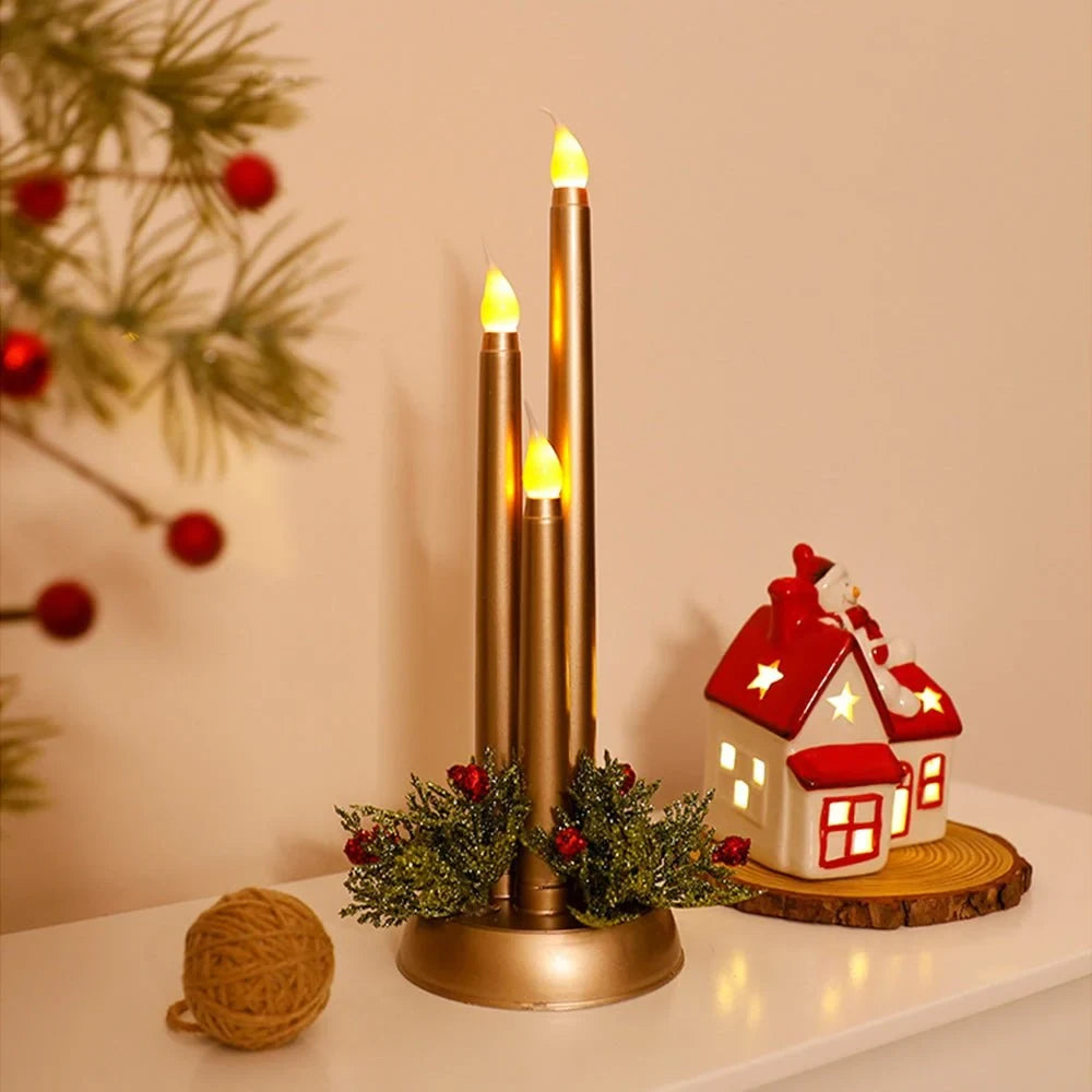 Battery Operated LED Candles with Flickering Taper Lights and Holiday Centerpiece Greenery - Image 1