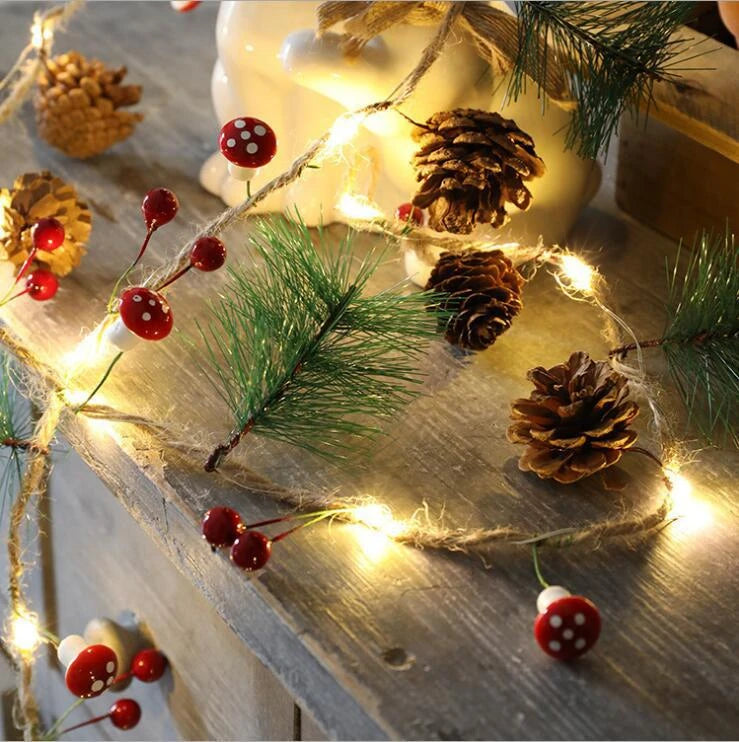 Battery Operated LED Christmas Garland Lights with Warm White Micro Bulbs and Pine Cones - Image 1
