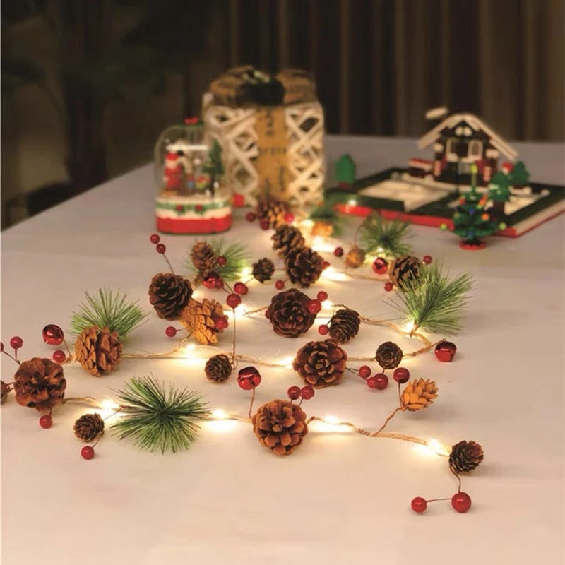 Battery Operated LED Christmas Garland Lights with Warm White Micro Bulbs and Pine Cones - Image 6