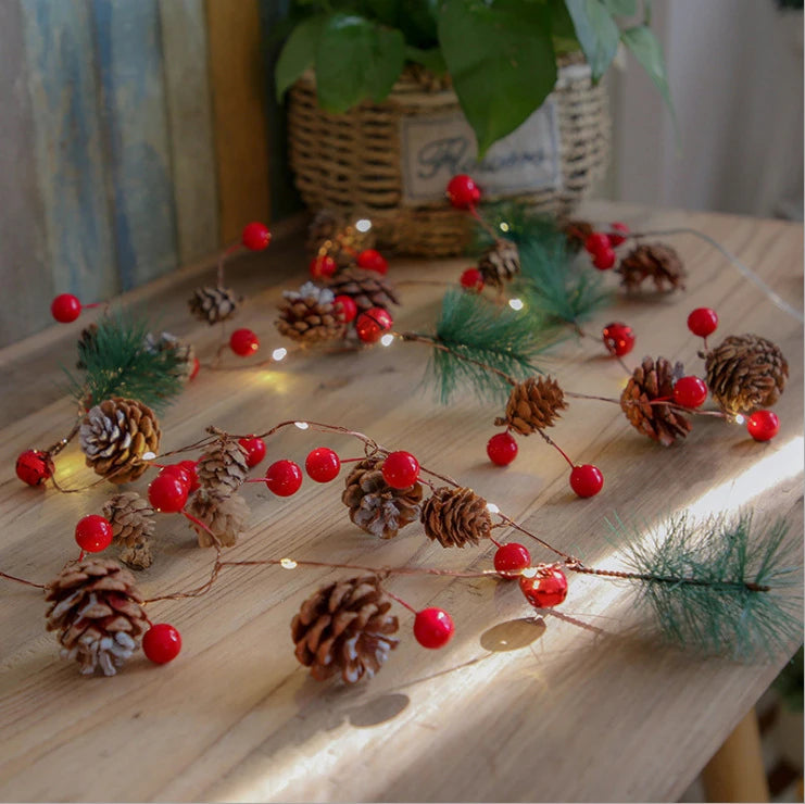 Battery Operated LED Christmas Garland Lights with Warm White Micro Bulbs and Pine Cones - Image 7