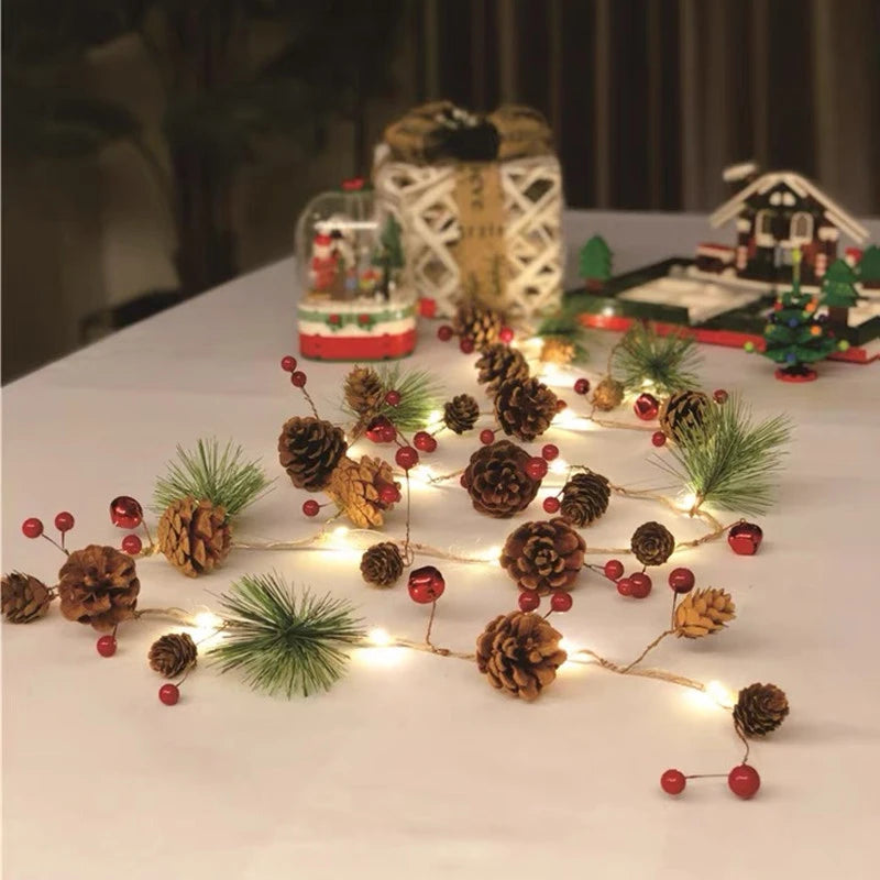 Battery Operated LED Christmas Garland Lights with Warm White Micro Bulbs and Pine Cones - Image 8