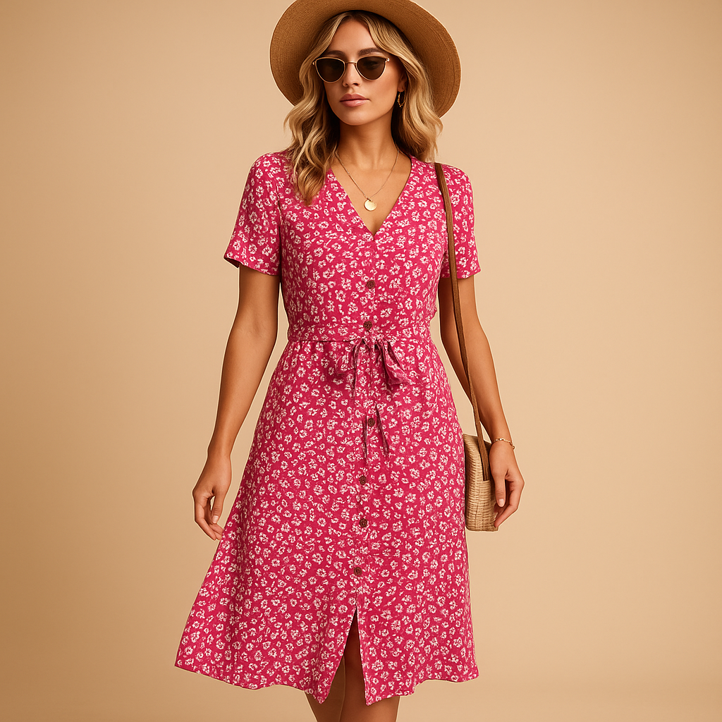 FAYE V - Women's Short Sleeve Midi Dress with Floral Print