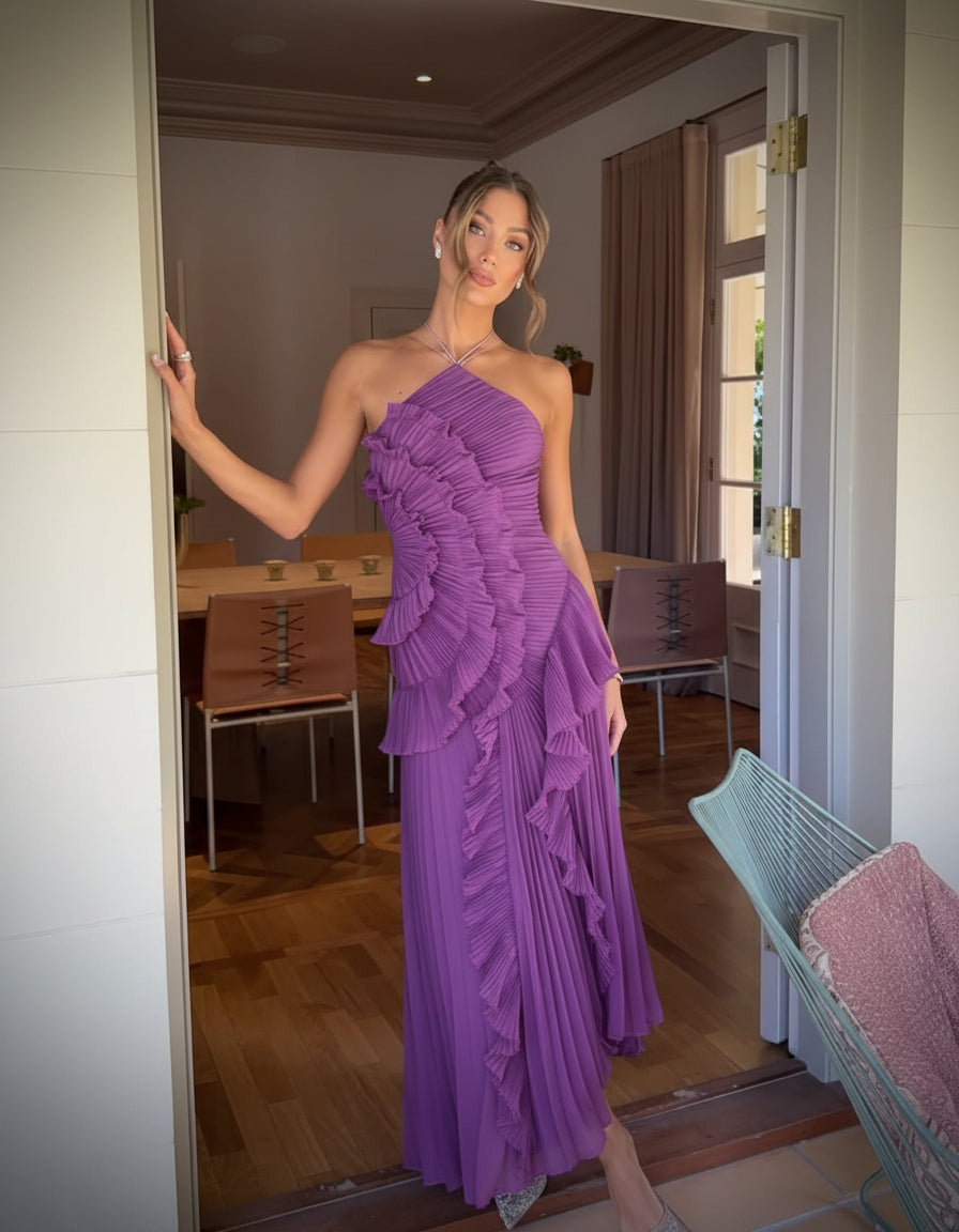 Maeve Orielle. – Robe longue dos nu à volants pour femme, idéale pour les événements formels