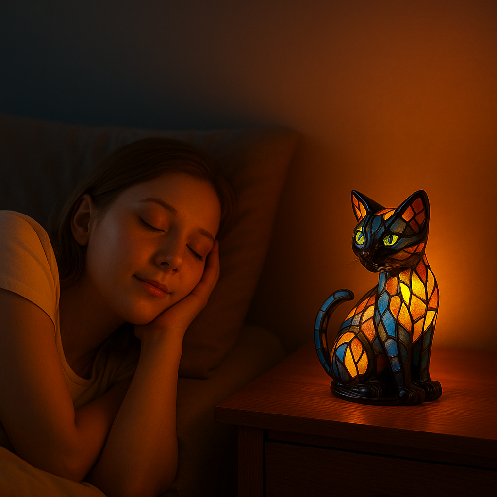 Cat Shaped Stained Glass Table Lamp with Mosaic Color Changing Desk Light - Image 2