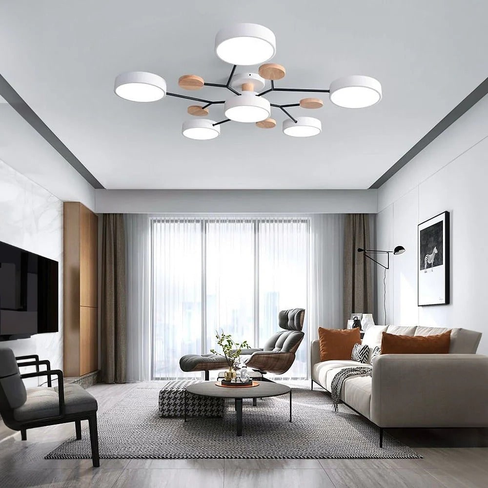 Ceiling Light Fixture Flush Mount LED Semi Modern with Wooden Accents - Image 24