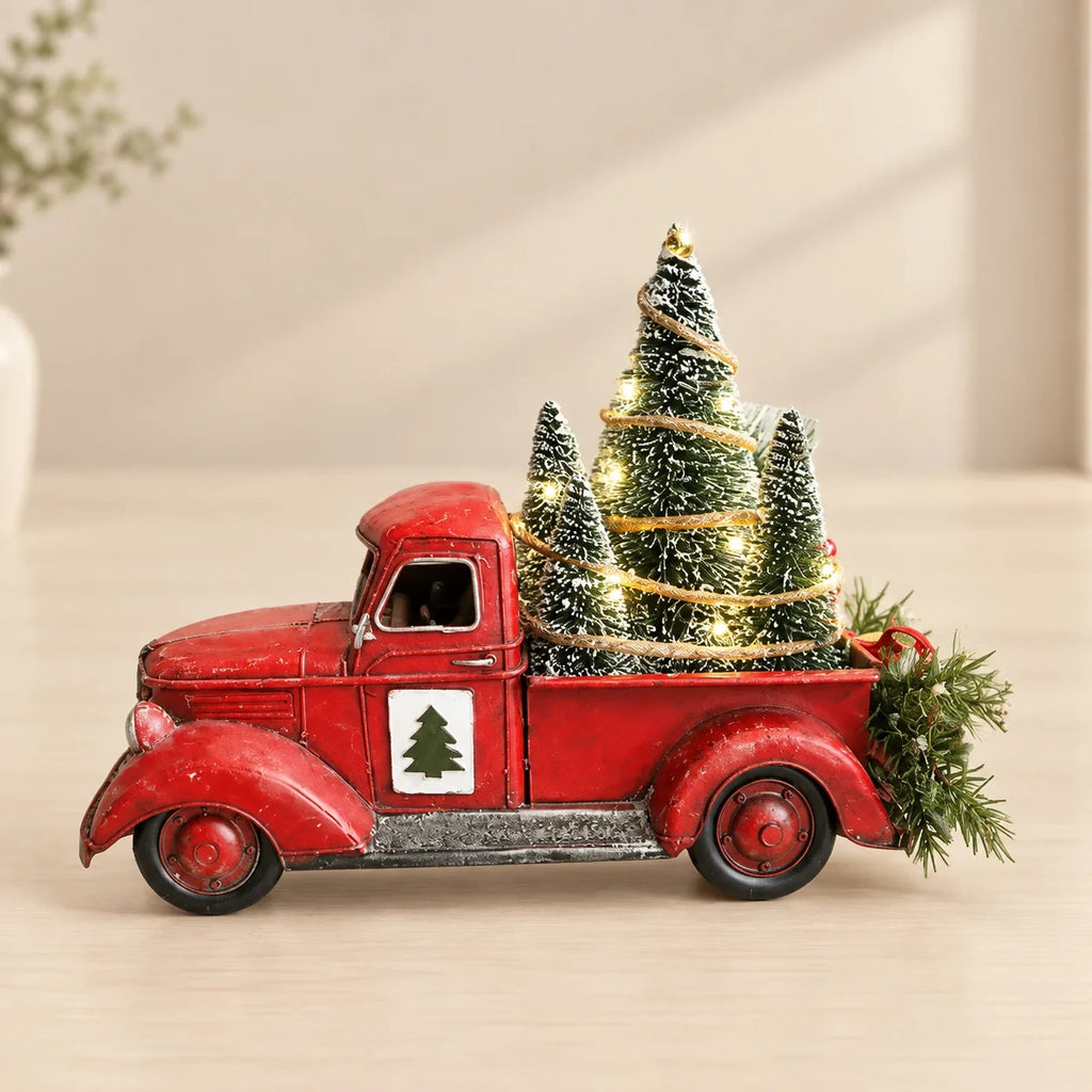 Christmas Decoration Red Truck with LED Bottle Brush Trees and Rustic Tabletop Design - Image 1