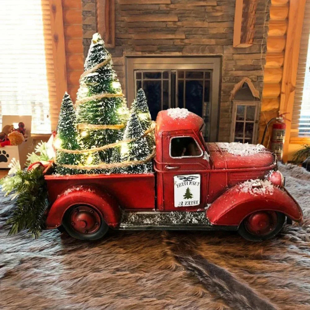 Christmas Decoration Red Truck with LED Bottle Brush Trees and Rustic Tabletop Design - Image 2