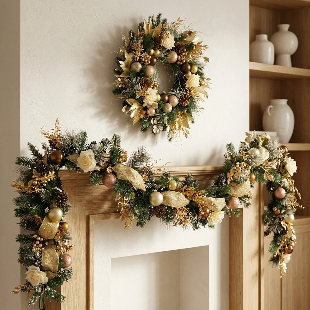 Christmas Garland for Mantle with Artificial Pine Ornaments and Gold Accents - Image 1