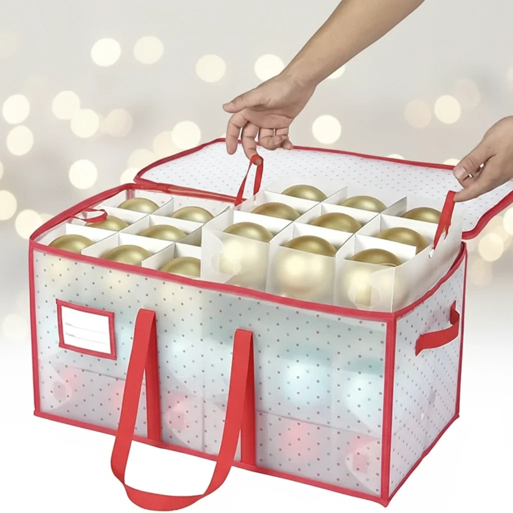 Christmas Ornament Storage Box with Zippered Lid and Grid Dividers - Image 1
