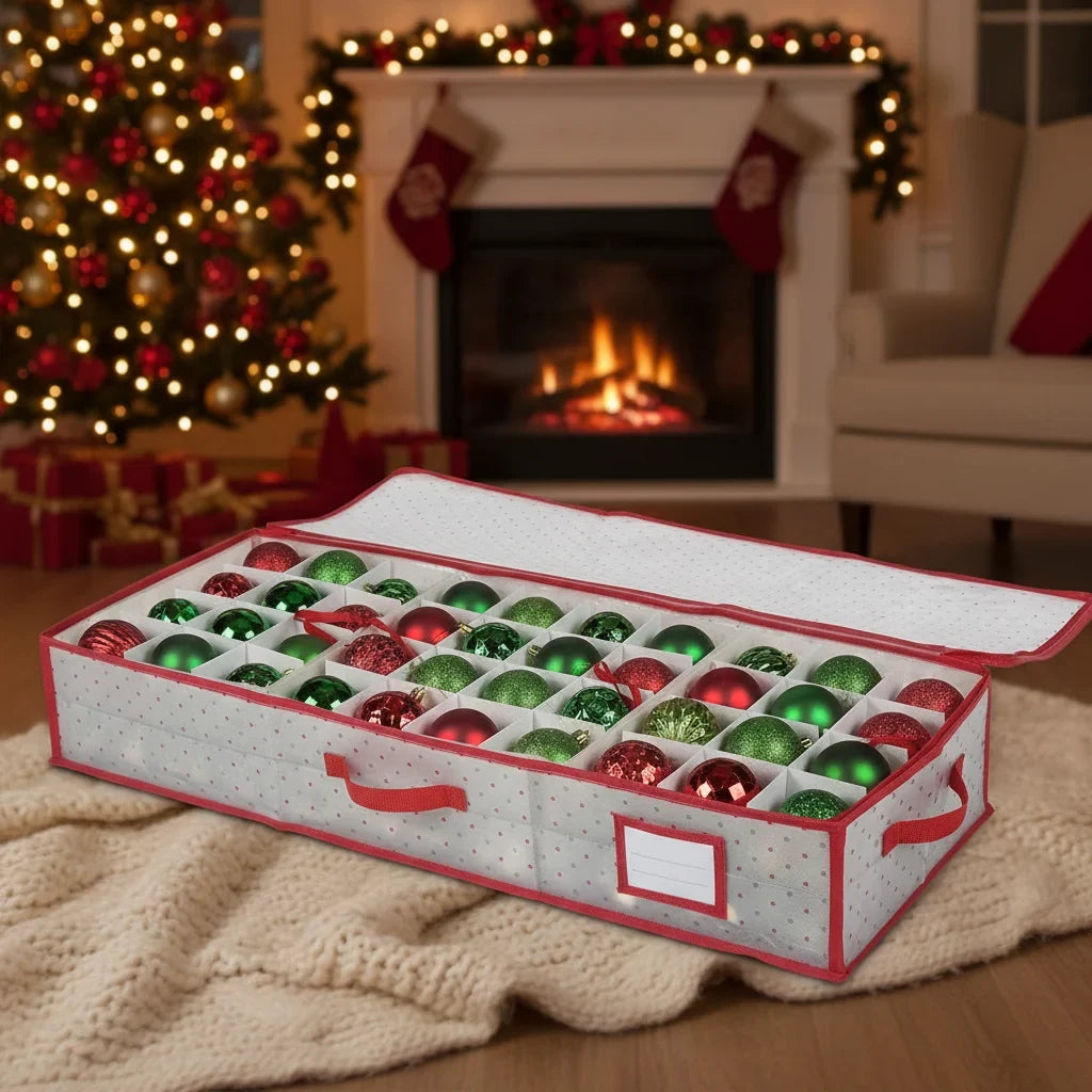 Christmas Ornament Storage Box with Zippered Lid and Grid Dividers - Image 3