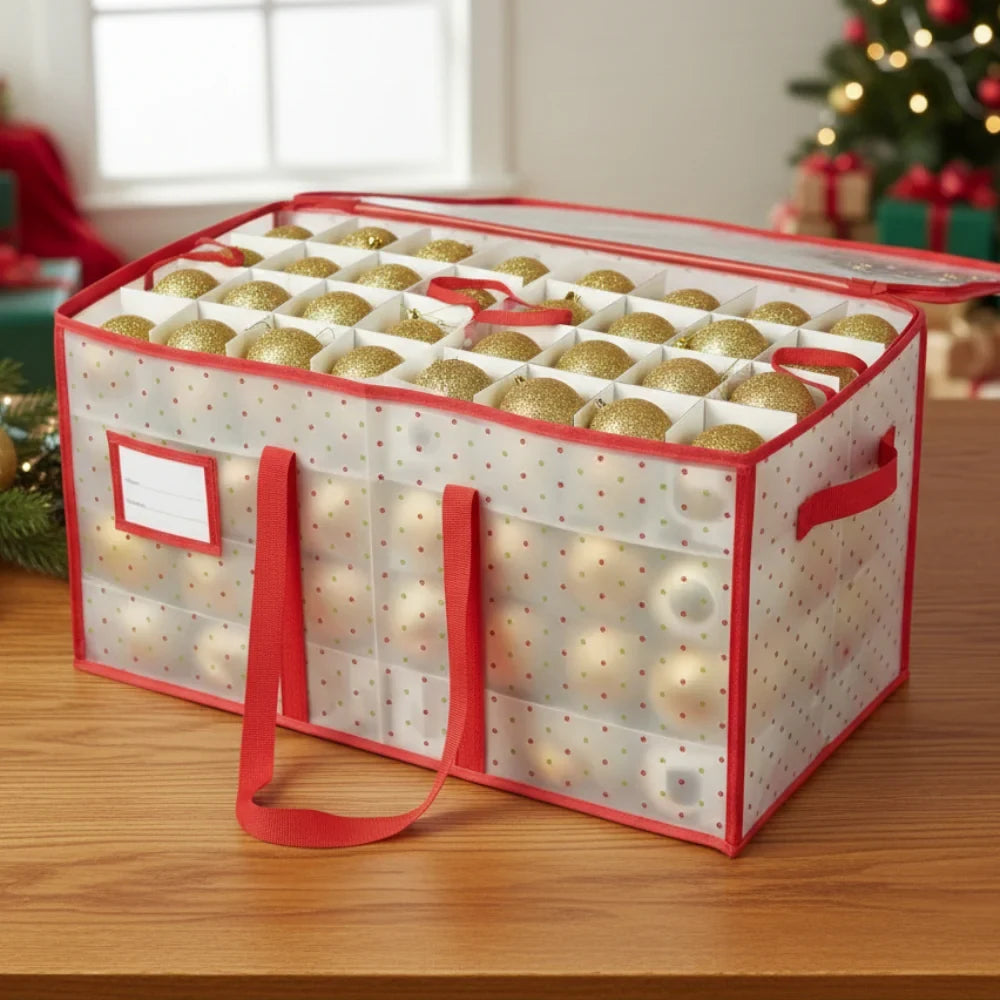 Christmas Ornament Storage Box with Zippered Lid and Grid Dividers - Image 5