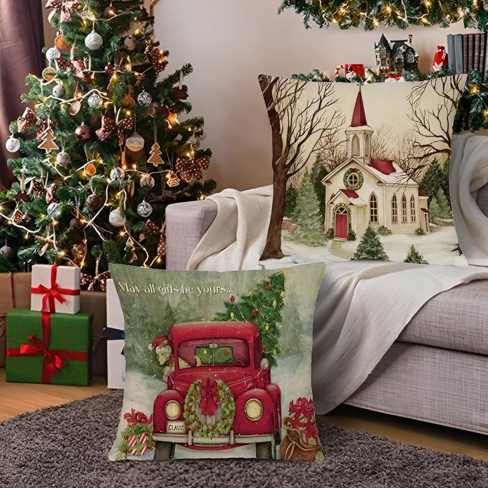 Christmas Pillow Cover with Decorative Throw Design and Hidden Zipper Polyester Linen Woven Cushion - Image 1