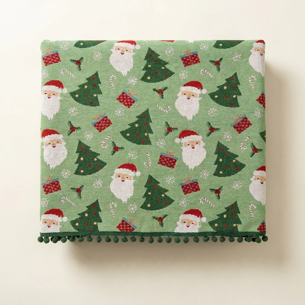 Christmas Tablecloth with Festive Santa Tree and Gift Print Pom-Pom Trim - Image 2