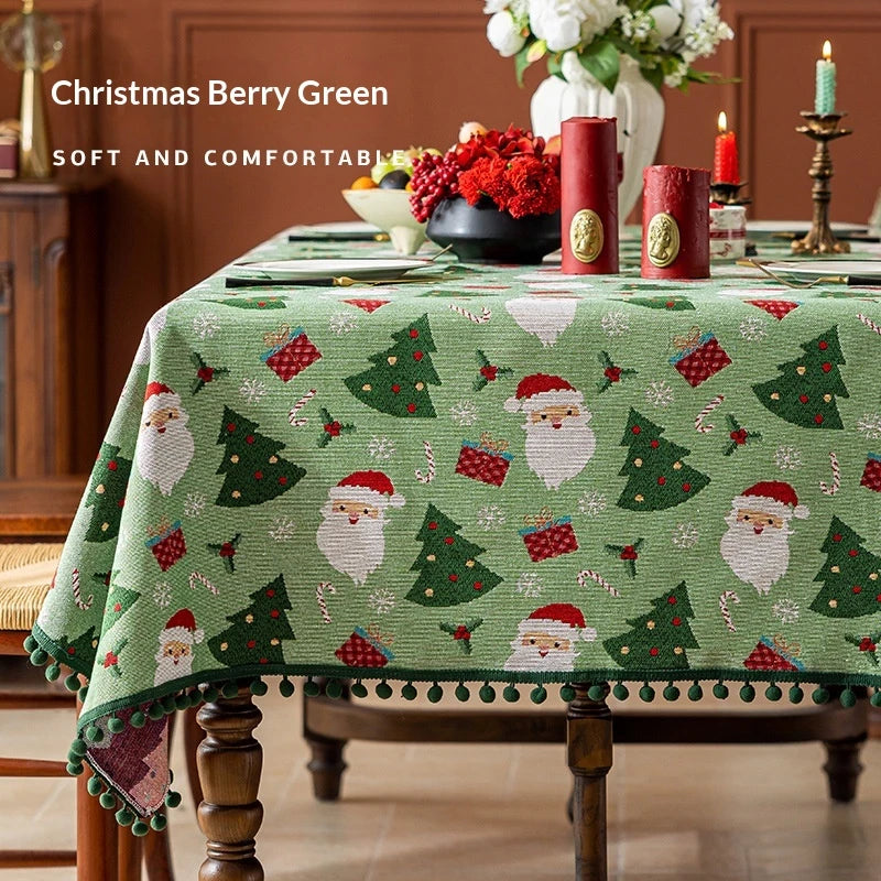 Christmas Tablecloth with Festive Santa Tree and Gift Print Pom-Pom Trim - Image 7