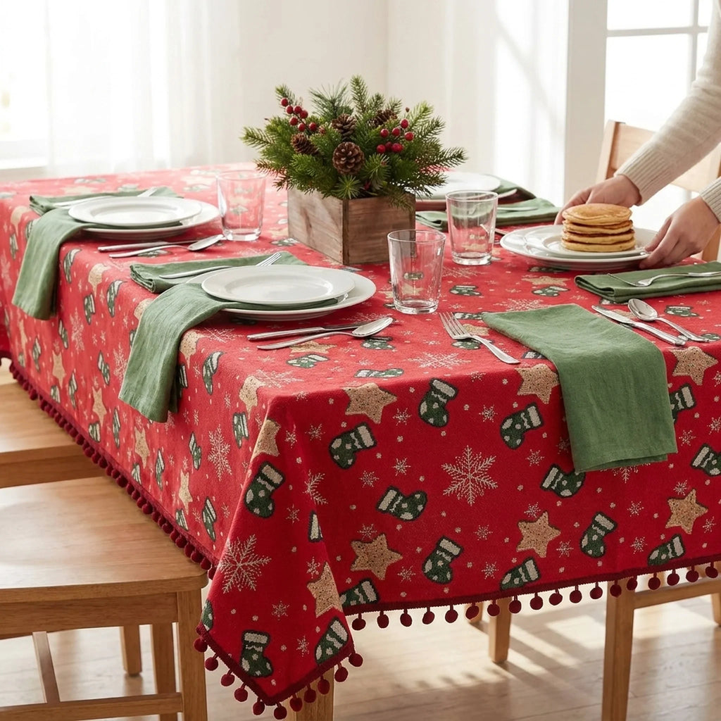 Christmas Tablecloth with Pom-Pom Fringe Snowflake and Stocking Pattern for Festive Holiday Table - Image 2