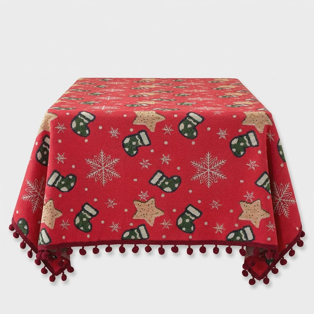 Christmas Tablecloth with Pom-Pom Fringe Snowflake and Stocking Pattern for Festive Holiday Table - Image 3