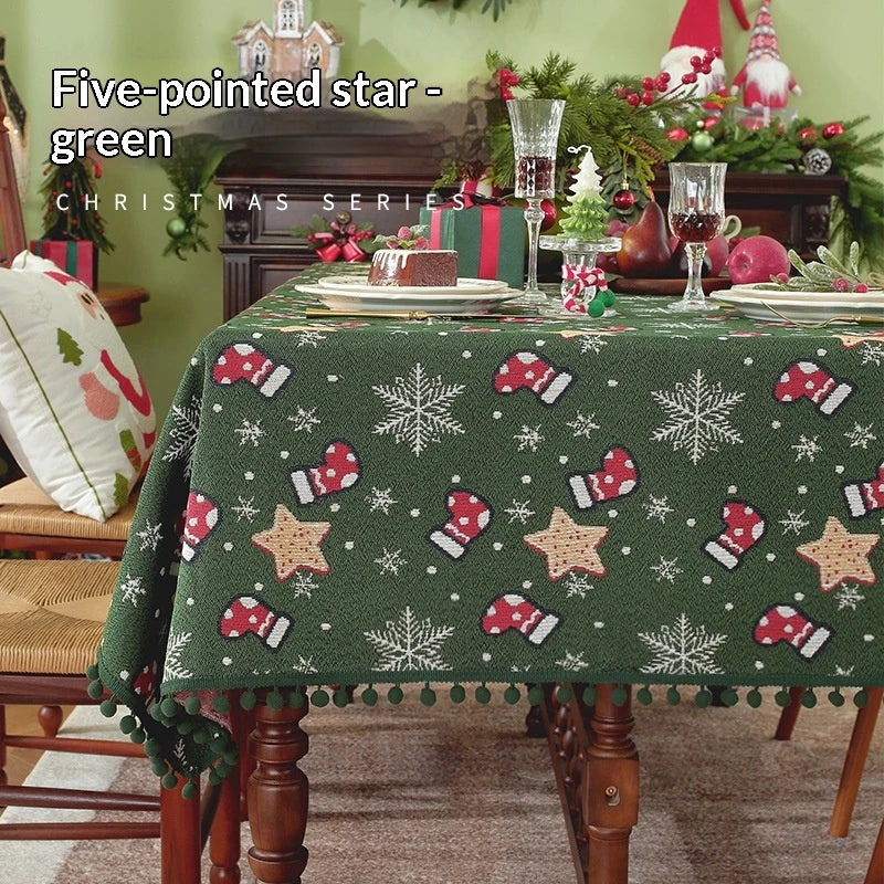 Christmas Tablecloth with Pom-Pom Fringe Snowflake and Stocking Pattern for Festive Holiday Table - Image 6