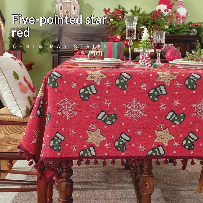 Christmas Tablecloth with Pom-Pom Fringe Snowflake and Stocking Pattern for Festive Holiday Table - Image 7