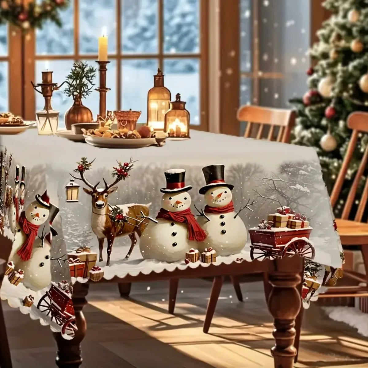 Christmas Tablecloth with Snowman and Reindeer Print Scalloped Hem Festive Holiday Table Linens - Image 6