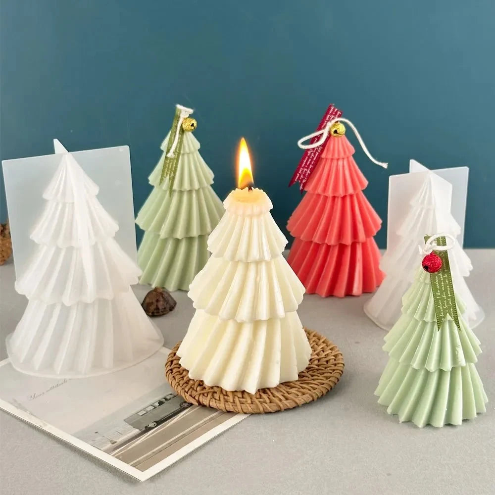 Christmas Tree Candle Silicone Mold with 3D Tiered Ridged Design for Soaps - Image 1