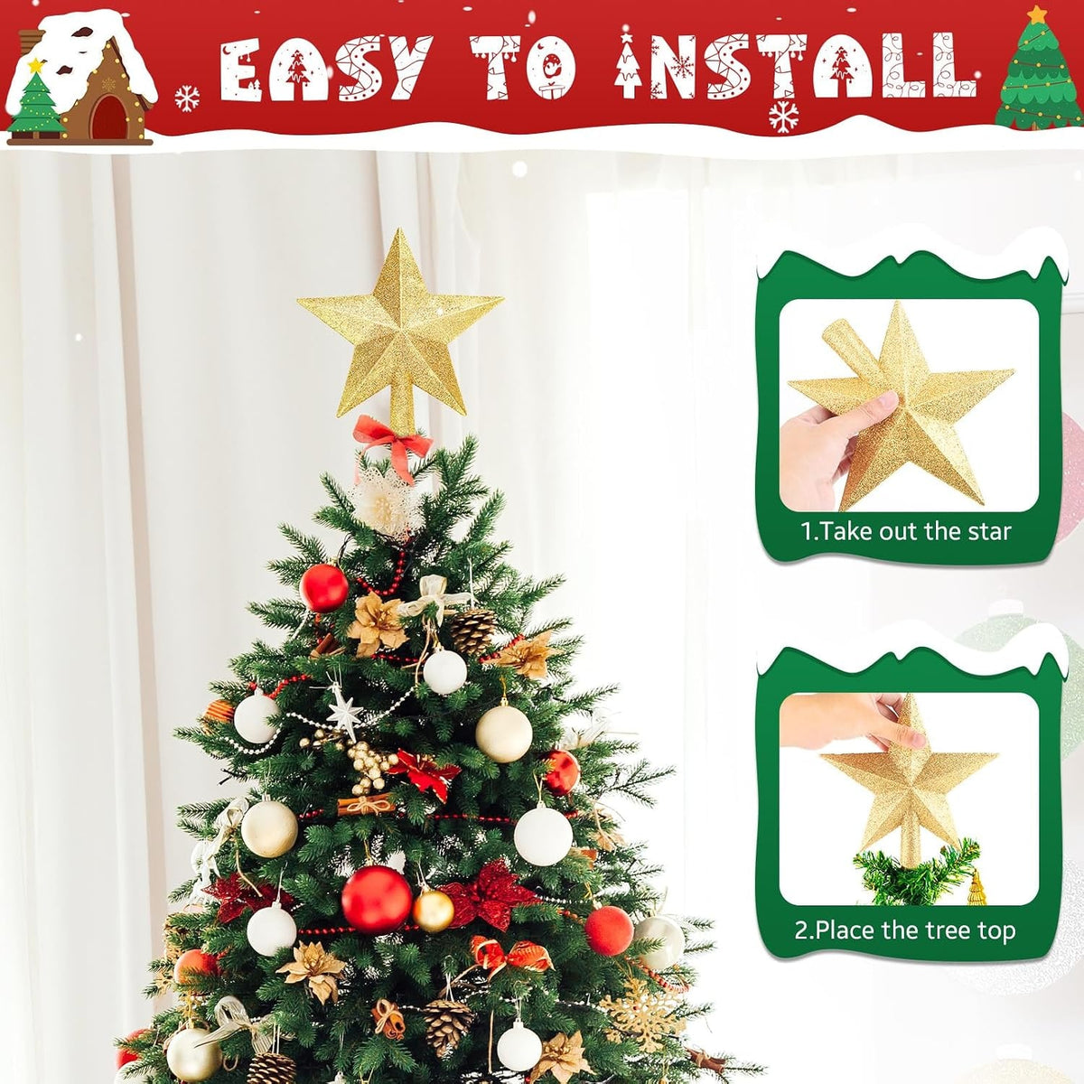 Christmas Tree Topper Star with Glitter Finish 8 Inch Shatterproof Plastic Holiday Decoration - Image 1