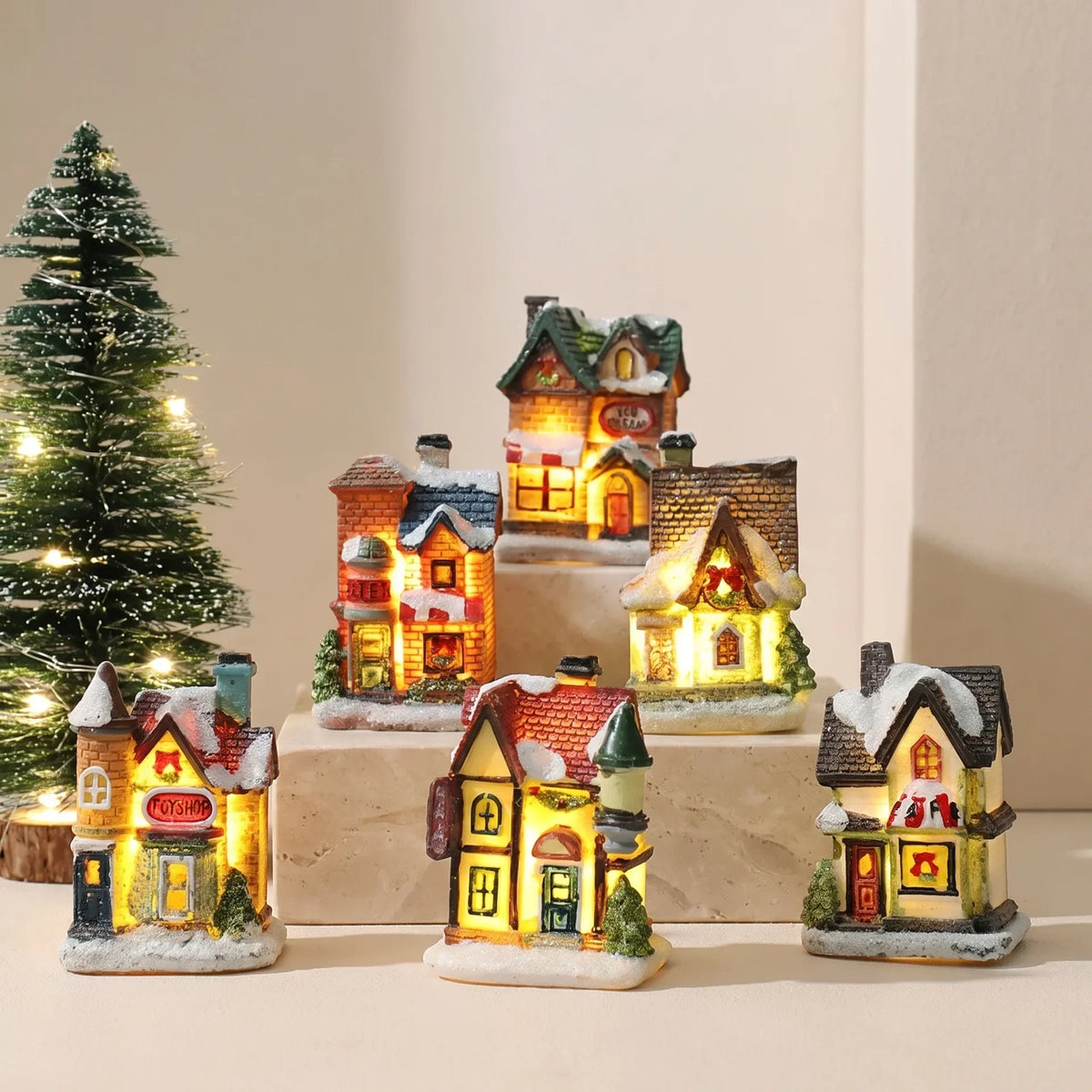 Christmas Village Sets with Miniature Houses LED Lights and Snow-Covered Roofs - Image 1