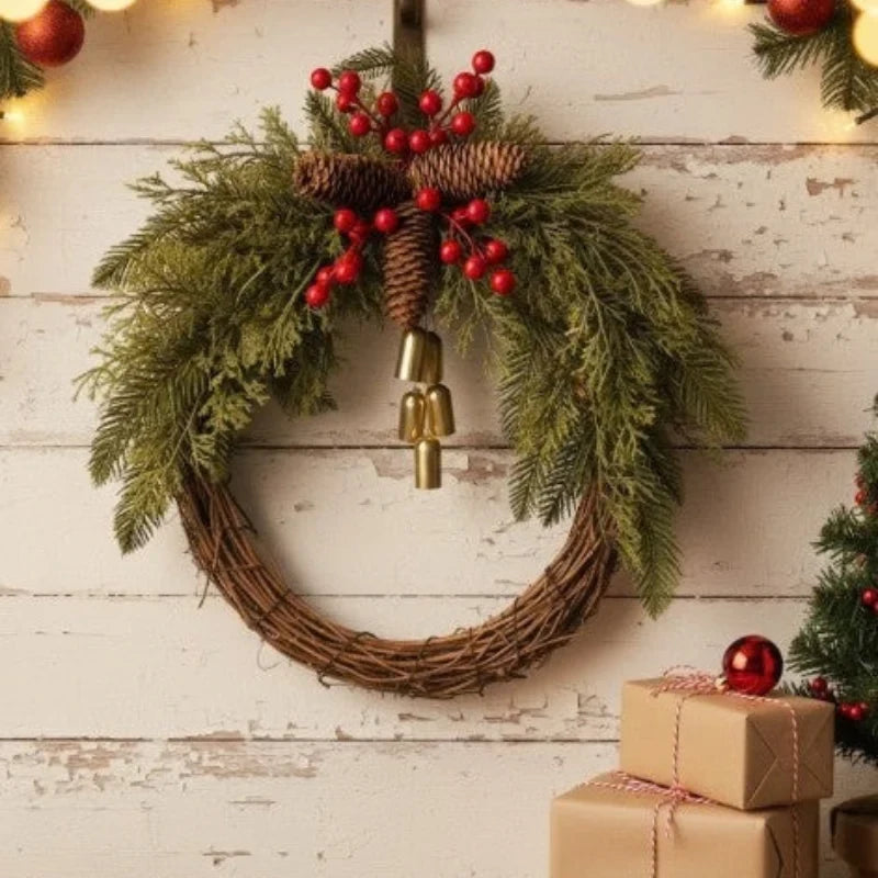 Christmas Wreath with Grapevine Base Pinecones Golden Bells and Berries - Image 2