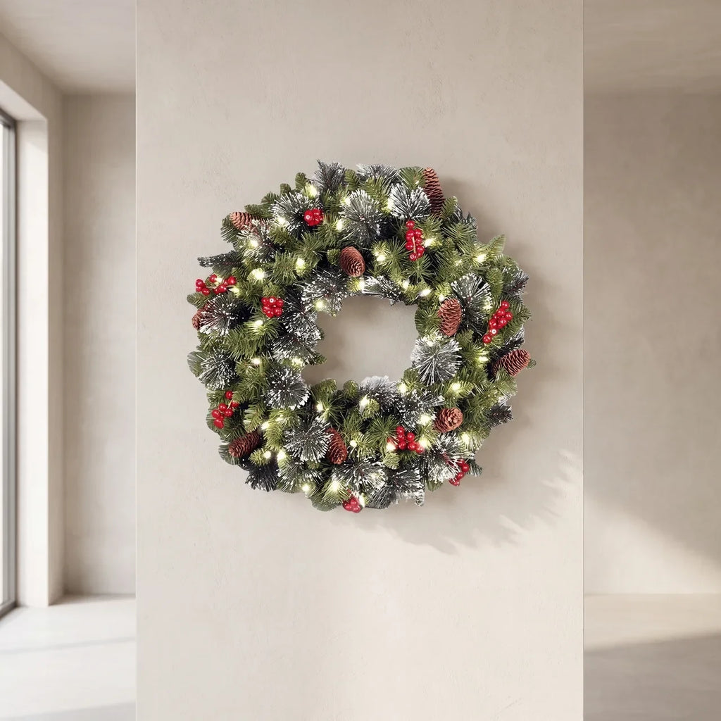 Christmas Wreath with Integrated LED Lights Pine Cones and Red Berries - Image 1