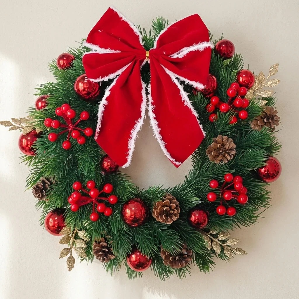 Christmas Wreath with Red Velvet Bow Pinecones and Berries for Door or Wall Hanging - Image 1