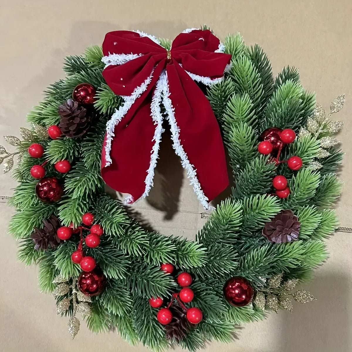 Christmas Wreath with Red Velvet Bow Pinecones and Berries for Door or Wall Hanging - Image 6