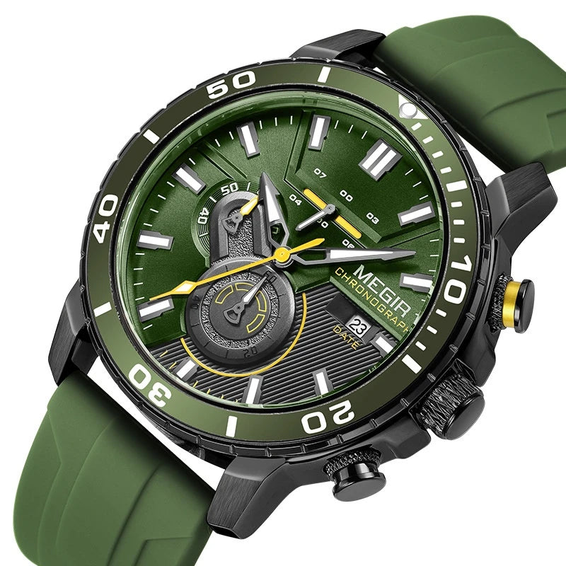 Chronograph Watch with Silicone Strap 53mm Sporty Design Three Subdials and Date Display - Image 1