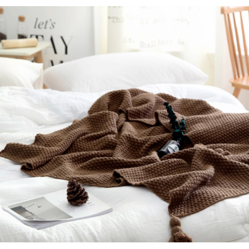 Chunky Knit Throw Blanket with Pom-Pom Tassels and Waffle Texture for Sofa - Image 1