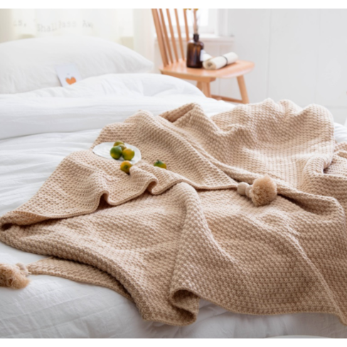 Chunky Knit Throw Blanket with Pom-Pom Tassels and Waffle Texture for Sofa - Image 5